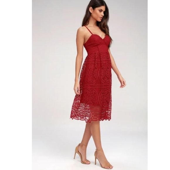 Lulus Real Life Dream Berry Red Lace Midi Dress - Picture 3 of 7